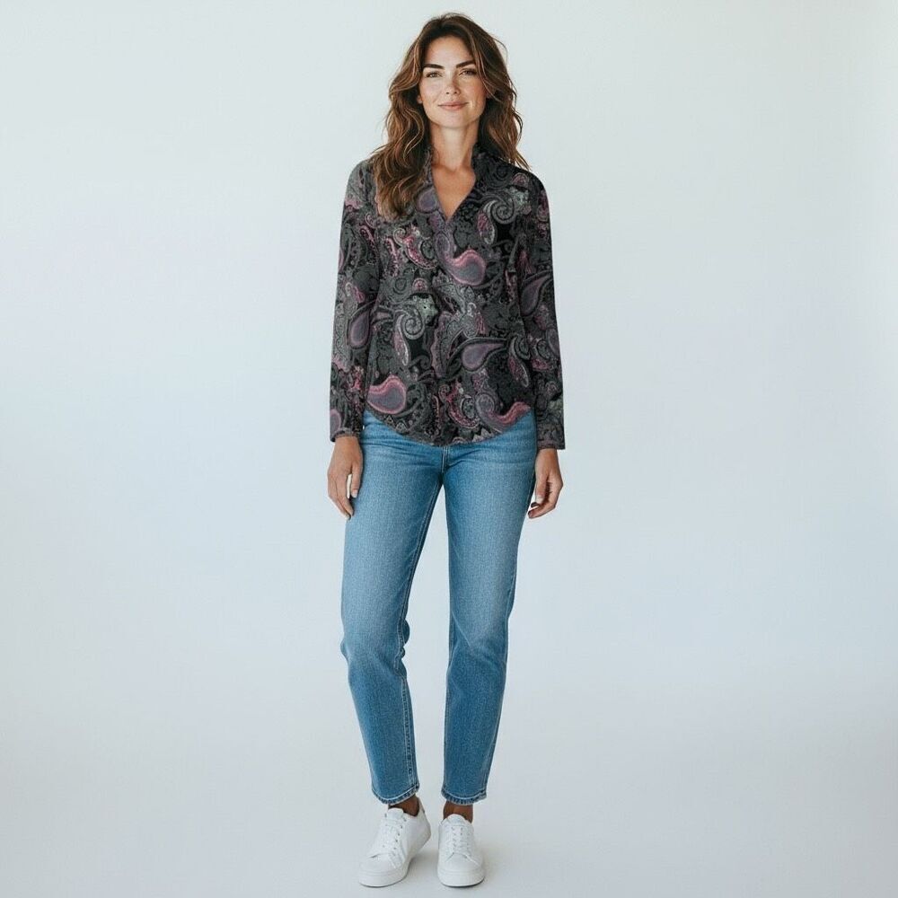 Red Hot V Neck Paisley Black Purple Gray Pink 70s Long Sleeve Blouse size M
